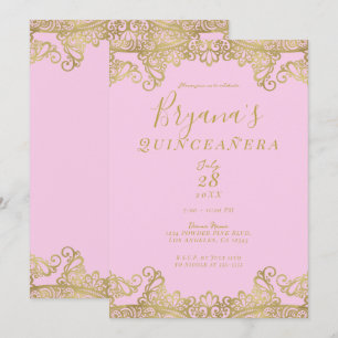 Convite Brilho Rosa e Dourado em Renda Elegante Quinceañer