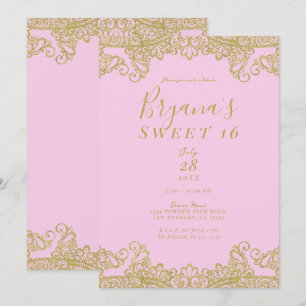 Convite Brilho Rosa e Dourado Renda Festa Elegante Doce 16
