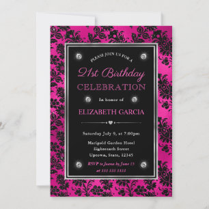 Convite Brilho Rosa e Preto Floral Damasco Aniversário de