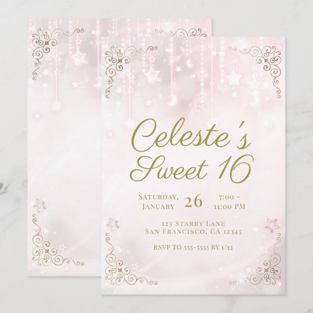 Convite Brilho Rosa & Faísca Celestial Dourada Festa Sweet (Frente/Verso)