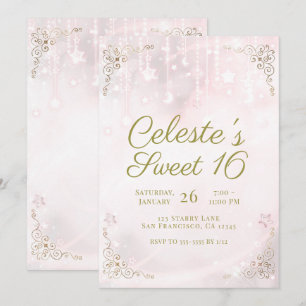 Convite Brilho Rosa & Faísca Celestial Dourada Festa Sweet