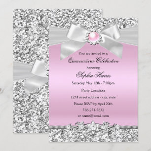 Convite Brilho Rosa Glitter Pérola Laço Quinceanera Aniver