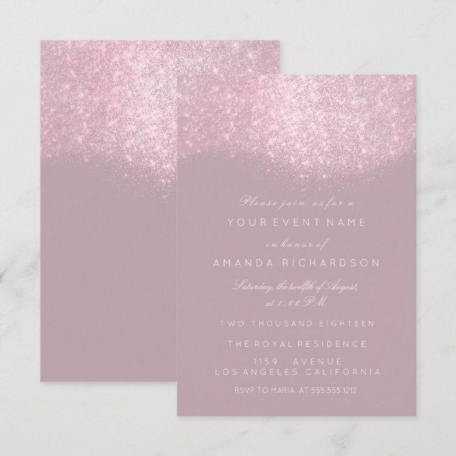 Convite Brilho Rosa Mauve Cinza Branco Pastel Forma Elegan (Frente/Verso)
