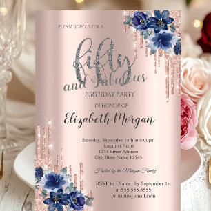 Convite Brilho Rose Gold Azul Flor Aniversário de 50 anos