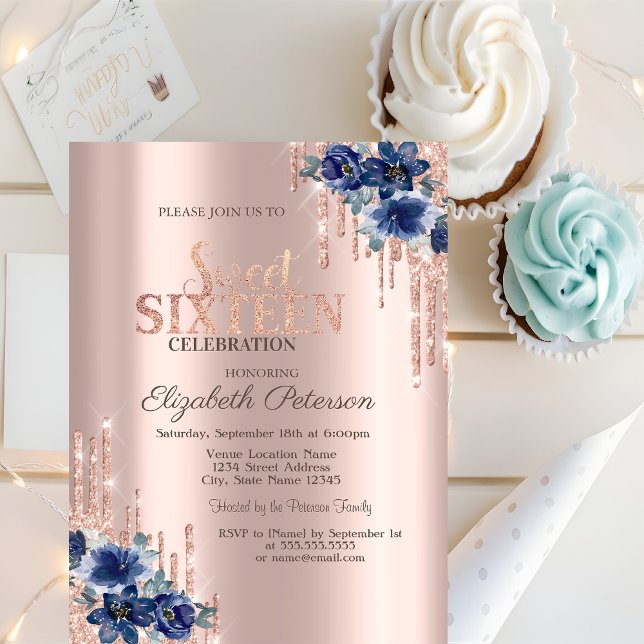 Convite  Brilho Rose Gold Flores Azuis Sweet 16  (Criador carregado)