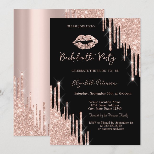 Convite Brilho Rose Gold Lábios Preto (Frente/Verso)