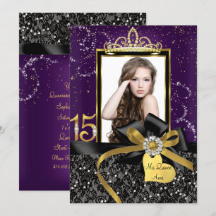 Convite Brilho Roxo Dourado Renda & Arco Foto Quinceanera