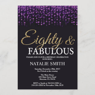Convite brilho roxo e Dourado do aniversário do 80