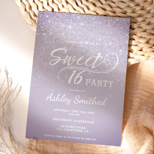 Convite Brilho roxo moderno ombre escuro Sweet 16