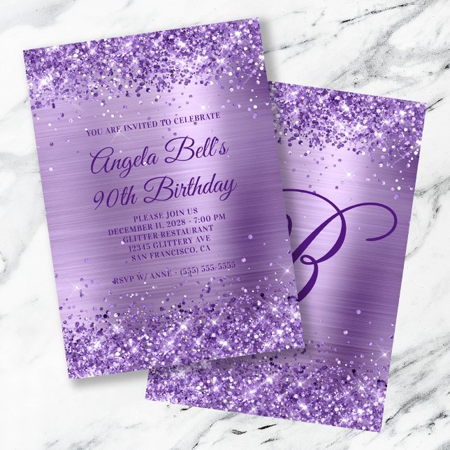 Convite Brilho Roxo Real Folha Brushed 90º Aniversário (Royal Purple Glitter Brushed Foil 90th Birthday Invitation)