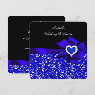 Convite Brilho Royal Azul Real Coração Laço Preto Festa