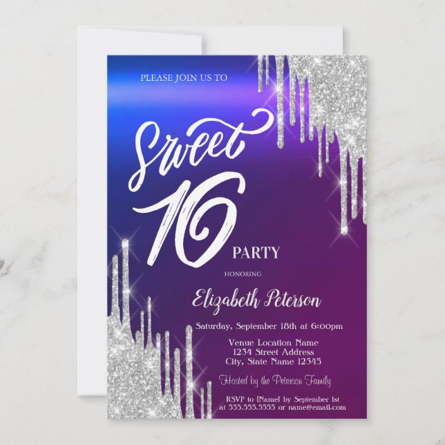Convite Brilho Simples Prateado com Efeito Ombre Sweet 16  (Frente)