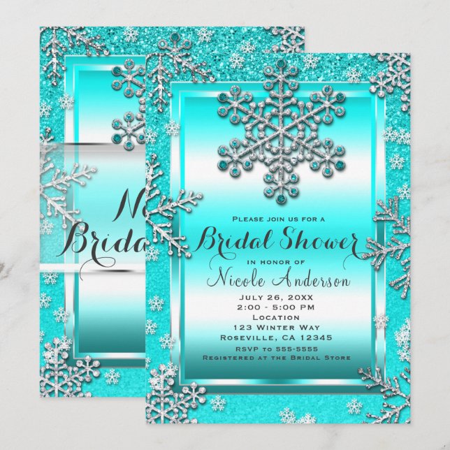 Convite Brilho Turquesa Glam Floresta de Inverno Flocos de (Frente/Verso)