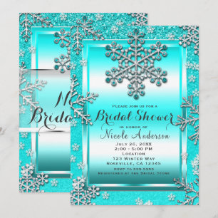 Convite Brilho Turquesa Glam Floresta de Inverno Flocos de