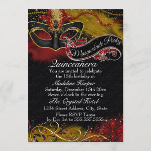 Convite Brilho Vermelho & Dourado Máscara Masquerada Quinc