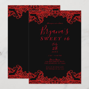 Convite Brilho Vermelho Faísca Renda Preta Festa Sweet 16