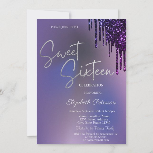 Convite Brilho Violeta Escuro Gotas Violeta Sweet 16 (Frente)