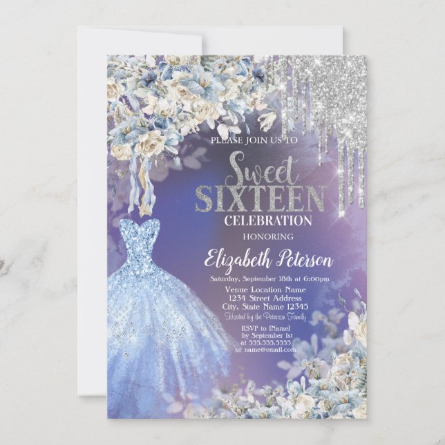 Convite Brilhos, Flores Azuis no Vestido Violeta Sweet 16 (Frente)