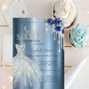 Convite Brilhos, Flores de Vestido Azul Metálico Sweet 16