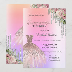 Convite Brilhos, Flores no Vestido Ombre Quinceanera