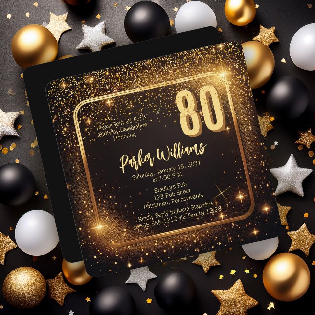 Convite Brilhos Glamourosos | Estrelas Douradas Aniversári (Glitzy Sparkles Black and Gold Tone Modern Elegant 80th Birthday Party Square Invitation )