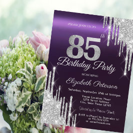 Convite Brilhos Prateados Pingando 85º Aniversário Roxo Es
