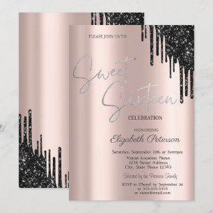 Convite Brilhos Pretos Chic, Doce 16 Dourado Rosa