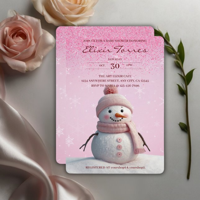 Convite Brilhos Rosa Chá de fraldas de inverno com boneco  (Criador carregado)