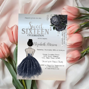 Convite Brilhos, Rosas de Vestido Azul Escuro Sweet 16