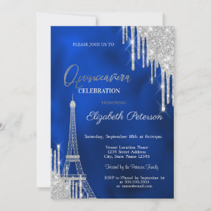 Convite Brilhos, Torre Eiffel Azul Real Quinceañera
