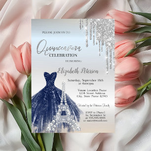 Convite Brilhos, Vestido Azul Marinho, Eiffel Quinceañera