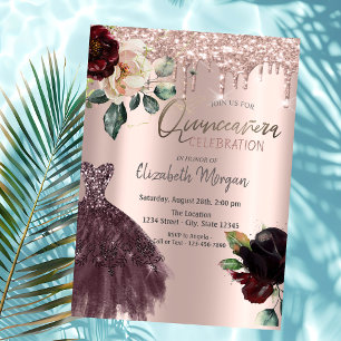 Convite Brilhos, Vestido Borgonha, Rosas Quinceañera