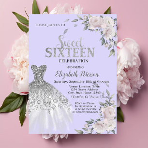 Convite Brilhos, Vestido, Flores Violeta Sweet 16