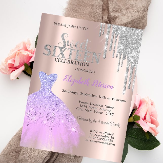 Convite Brilhos, Vestido Lavanda Rosa Dourado Doce 16 (Criador carregado)