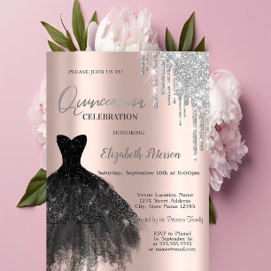 Convite Brilhos, Vestido Preto Rosa Dourado 15 Anos