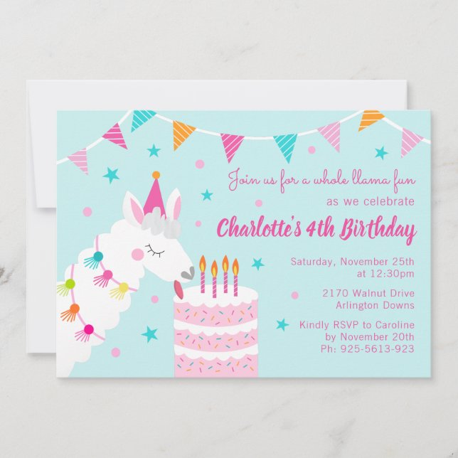 Convite Brincadeira de Llama 4º Aniversário Aqua (Frente)