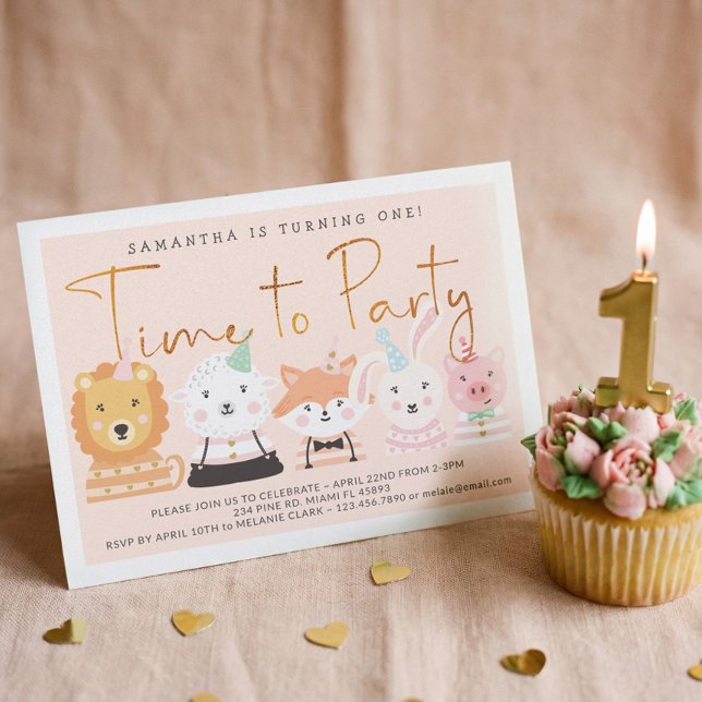 Convite Brincadeira Festa de Bebê Brinca Aniversário (Cute Party Animals Baby First 1st Birthday Party Invitation)