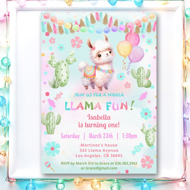 Convite Brincadeira Llama Brincadeira Cactus Colorida Aniv (Cute Llama Fun Cactus Colorful Girl Birthday Invitation)
