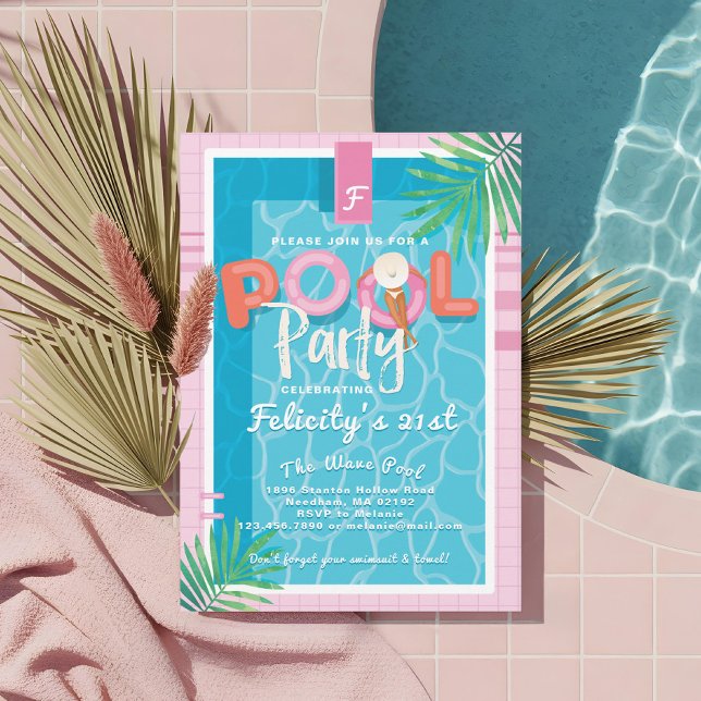Convite Brincadeira Rosa Tropical Adulto Festa de Piscina  (Fun Pink Tropical Palm Summer Pool Party Birthday Invitation)