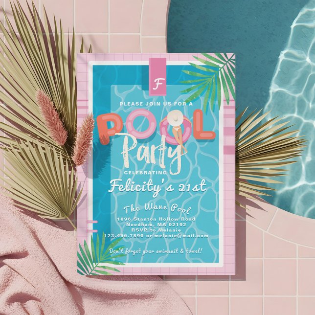 Convite Brincadeira Rosa Tropical Adulto Festa de Piscina  (Fun Pink Tropical Palm Summer Pool Party Birthday Invitation)