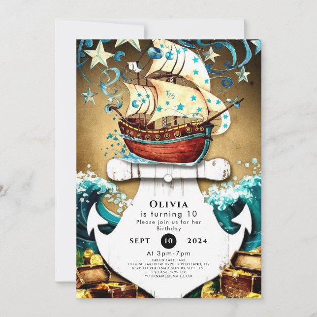 Convite Brincadeira - Tesouro de Aquarela Pirata (Frente)