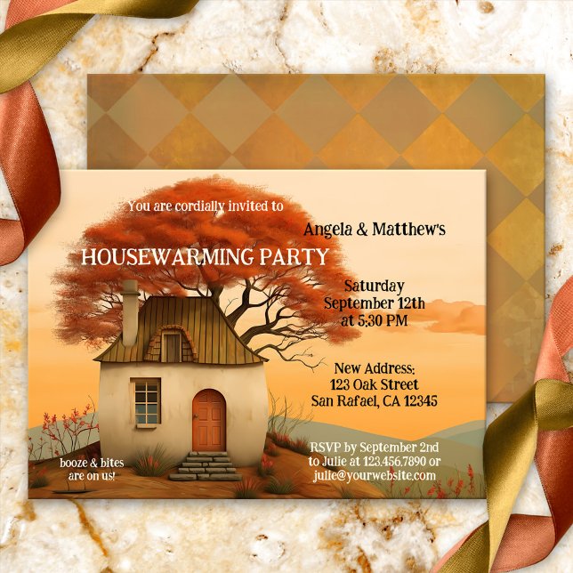Convite Brincadeiras Artísticas Relógicas (Fun housewarming party invitation featuring a modern art painting of a whimsical home with tree)