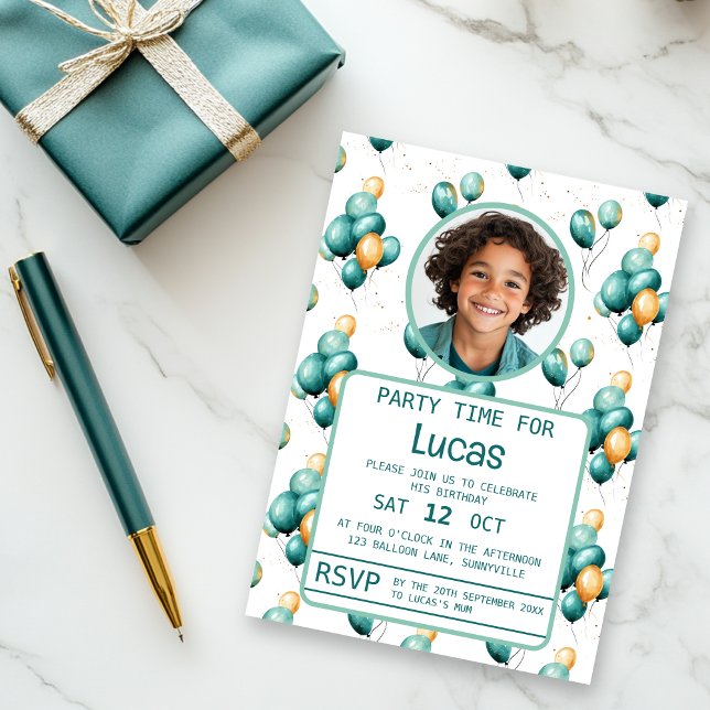 Convite Brincadeiras de Teal Balões de Aniversário (Teal balloons birthday invitation)