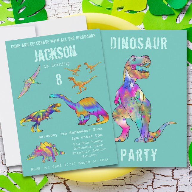 Convite Brincadeiras do 8º aniversário do Dinossauro T Rex (Colorful dinosaur 8th birthday party invitation fun Dino T-rex velociraptor brontosaurus stegosaurus)