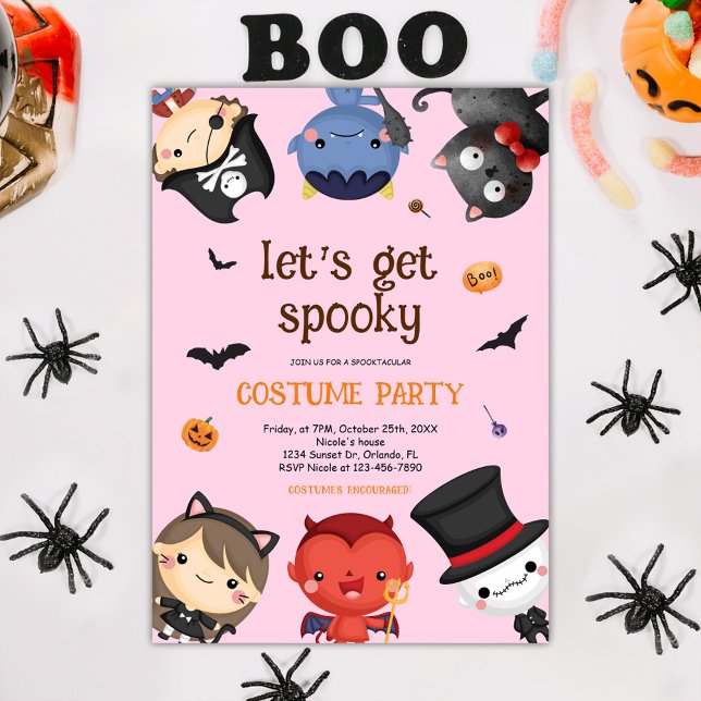 Convite Brincadeiras Rosa, Festas de Figurino de Halloween (Fun Pink Kids Halloween Costume Party Cute Spooky Invitation)