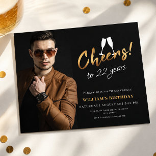 Convite Brinde a 22 Anos Foto de Aniversário Adulto Dourad