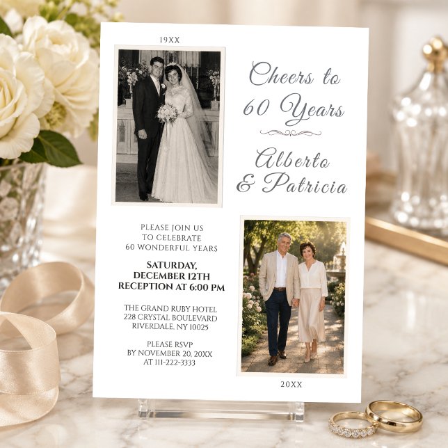 Convite Brinde a 60 Anos Foto Então & Agora (Elegant Cheers to 60 Years Then & Now Anniversary Invitation)