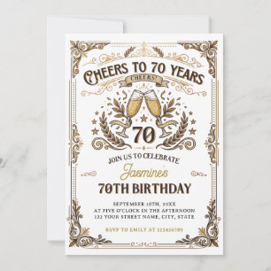 Convite Brinde a 70 anos Aniversário Dourado Branco Vintag