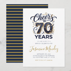 Convite Brinde a 70 anos Elegante Dourado Azul Aniversário