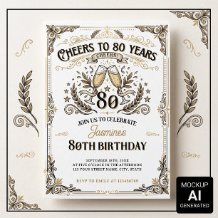 Convite Brinde a 80 anos Aniversário Dourado Branco Vintag